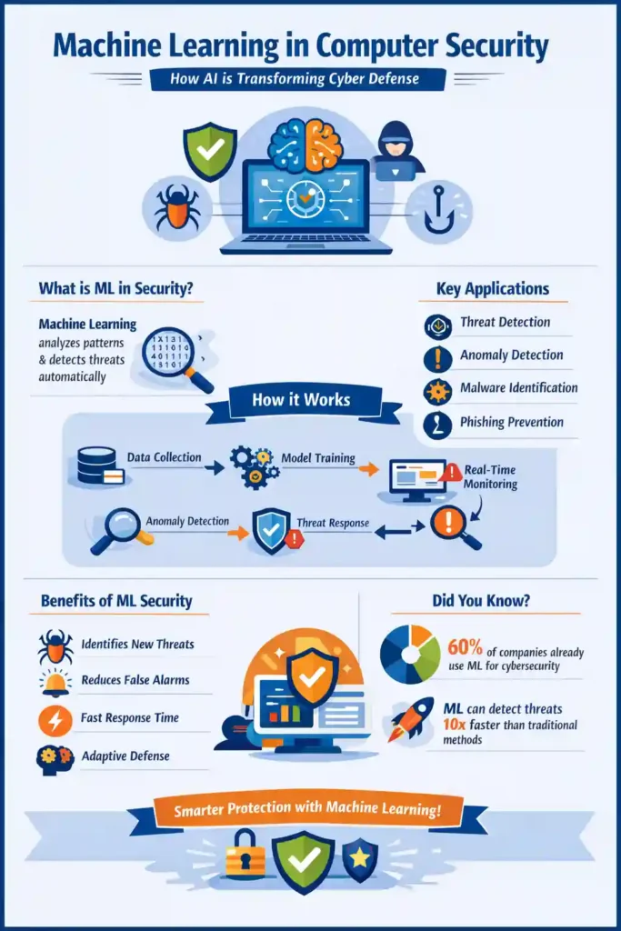Infographic explaining machine learning in computer security, showing how AI detects cyber threats, identifies anomalies, prevents malware and phishing attacks, and improves real-time cybersecurity defense