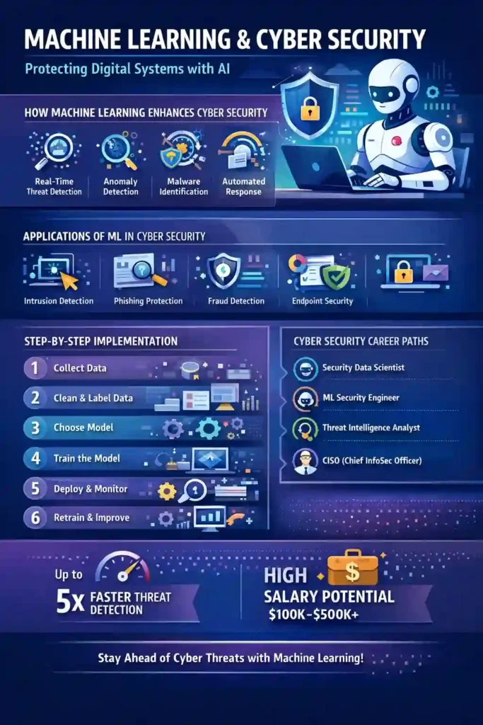 Machine learning and cyber security infographic showing how AI improves threat detection, malware prevention, fraud detection, and automated cyber defense systems