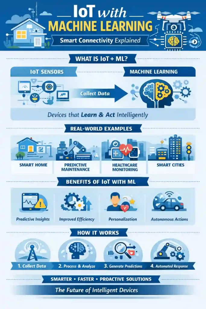 Infographic showing how IoT with machine learning uses sensor data and AI to power smart homes, healthcare, industrial automation, and smart cities.