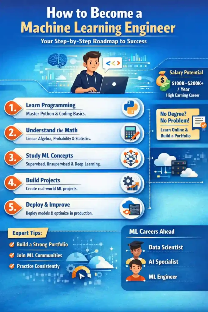 How to become a machine learning engineer infographic showing a step-by-step roadmap, required skills, learning stages, salary potential, and career paths in machine learning.