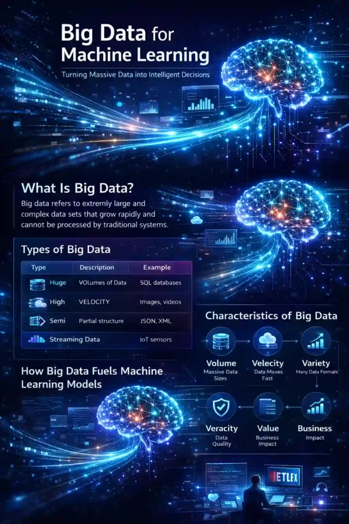 Big data for machine learning infographic showing data streams feeding an AI brain, explaining types of big data, characteristics like volume and velocity, and how big data analytics powers machine learning models and data-driven decisions