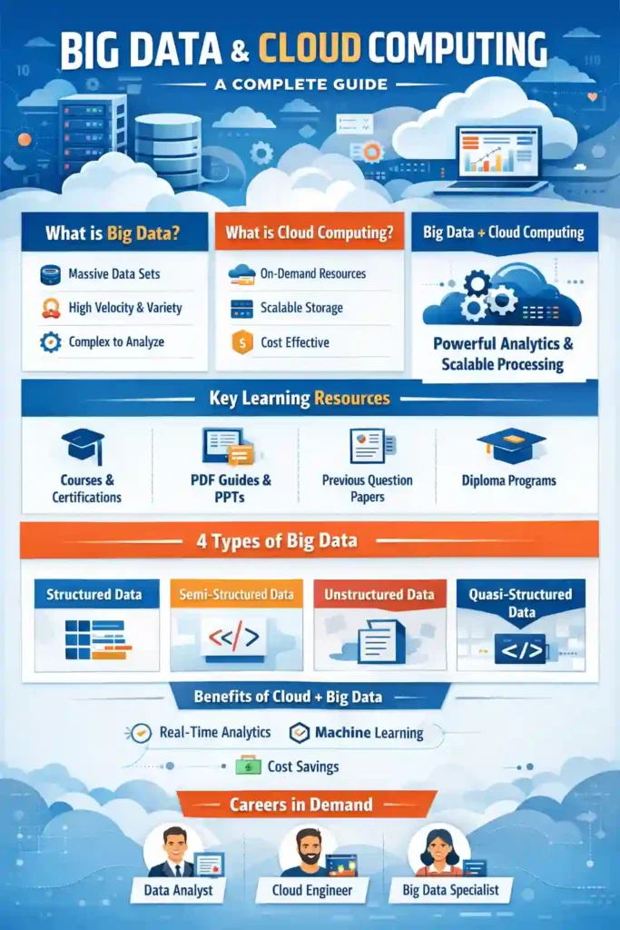 Infographic explaining big data and cloud computing, showing how big data analytics, cloud platforms, data storage, machine learning, real-time analytics, and cloud infrastructure work together to handle large datasets in a cost-effective and cloud-based environment.