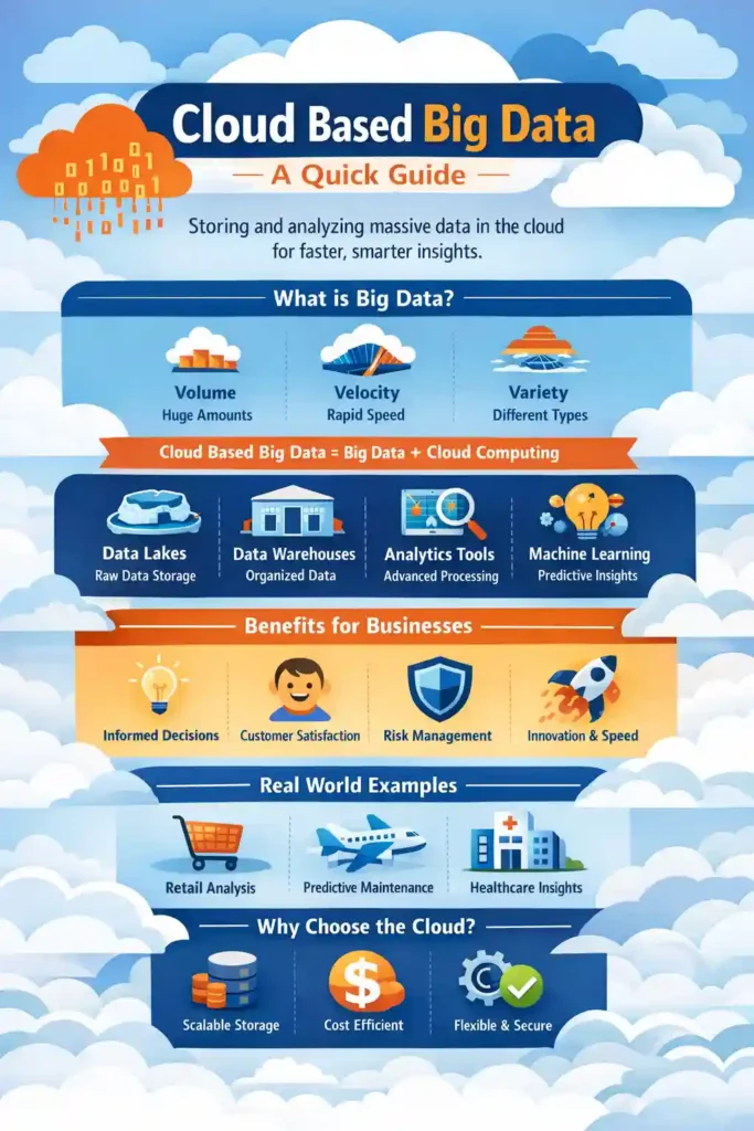 Infographic explaining cloud based big data, showing what big data is, its key characteristics like volume, velocity, and variety, cloud big data components such as data lakes, data warehouses, analytics tools, and machine learning, business benefits including informed decisions, customer satisfaction, and risk management, real-world examples like retail analytics and predictive maintenance, and reasons to choose cloud computing for big data such as scalability, cost efficiency, and security.