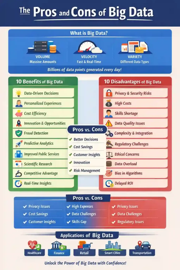 Pros and cons of big data infographic showing benefits, disadvantages, applications, and real-world use cases to help readers understand big data clearly and quickly.