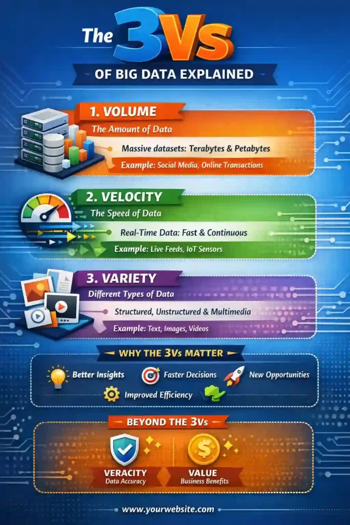 Infographic explaining the 3Vs of Big Data—Volume, Velocity, and Variety—with clear examples, real-time data flow, massive datasets, and different data types for better business insights.