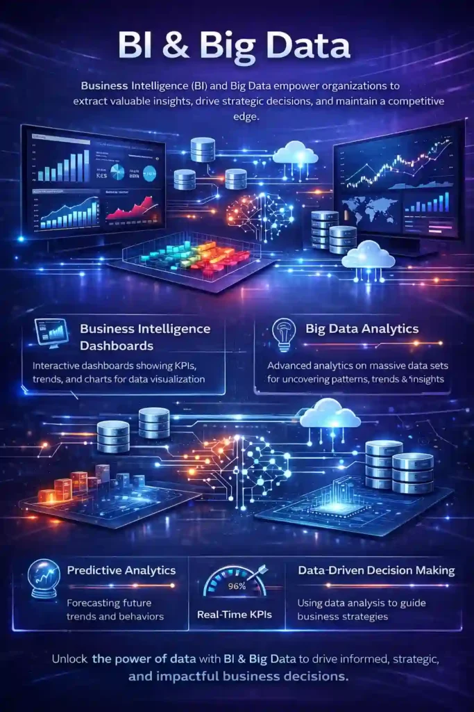 Infographic explaining BI and Big Data, showing business intelligence dashboards, big data analytics, data pipelines, cloud storage, real-time KPIs, predictive analytics, and data-driven decision making in a modern digital workspace.