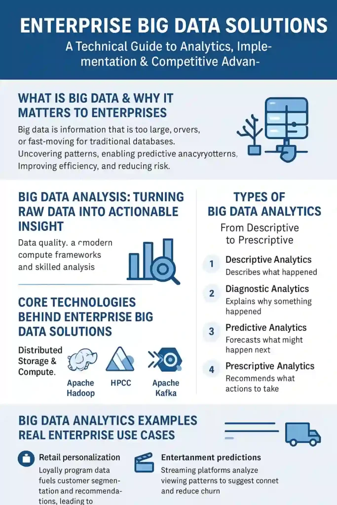 Infographic about enterprise big data solutions showing big data analysis, types of big data analytics, core technologies like Hadoop and Kafka, predictive analytics, and real enterprise use cases for data-driven decision making.
