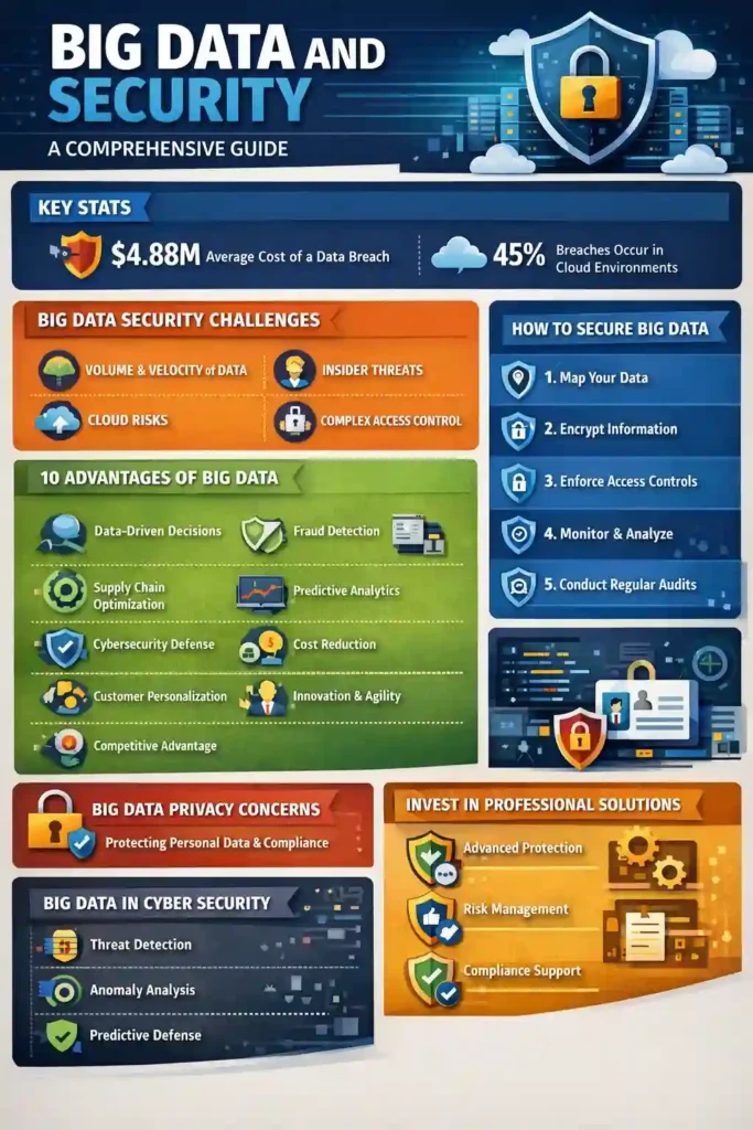 Infographic about big data and security showing key statistics on data breach costs, big data security challenges, advantages of big data, privacy concerns, big data in cyber security, and step-by-step tips to secure big data with encryption, access control, monitoring, and risk management.