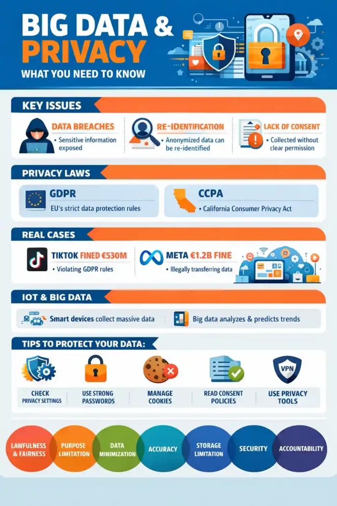 Infographic titled “Big Data and Privacy: What You Need to Know” explaining big data and privacy issues including data breaches, re-identification risks, lack of consent, GDPR and CCPA privacy laws, major privacy fines against TikTok and Meta, IoT and big data relationship, tips to protect sensitive data, and the seven pillars of data privacy such as lawfulness, data minimization, security, and accountability.