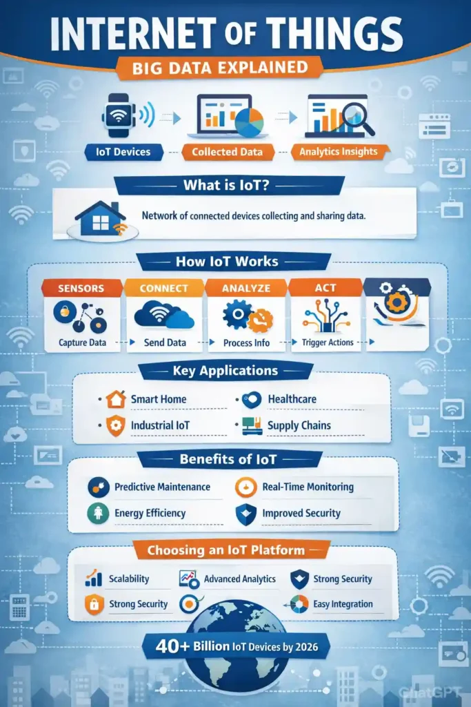 Infographic explaining Internet of Things Big Data, showing how IoT devices collect data through sensors, connect via internet, analyze collected data for insights, and support applications like smart homes, healthcare, industrial IoT, and supply chains, highlighting benefits such as predictive maintenance, real-time monitoring, energy efficiency, and secure IoT platforms.