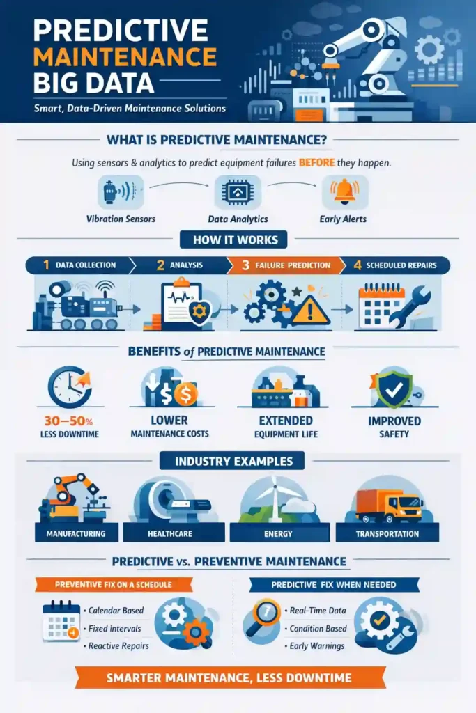 Infographic explaining predictive maintenance big data, showing how real-time sensors, data analytics, and machine learning predict equipment failures before they happen, highlighting benefits like reduced downtime, lower maintenance costs, improved safety, and a comparison between predictive and preventive maintenance across industries such as manufacturing, healthcare, energy, and transportation.