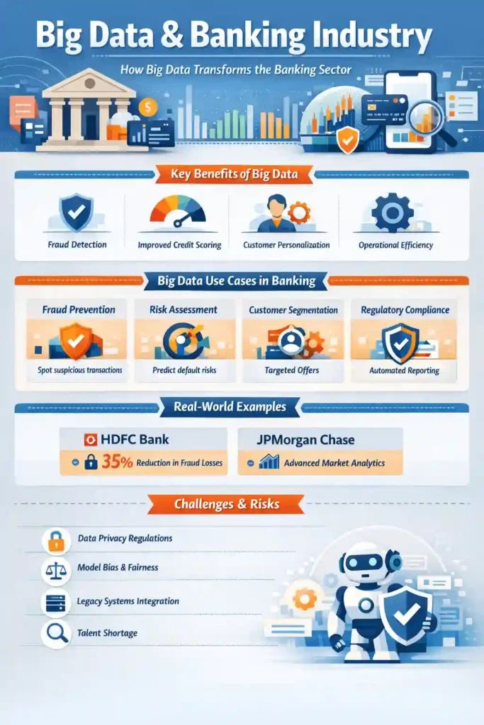 Infographic titled “Big Data & Banking Industry” showing how big data analytics transforms the banking sector through fraud detection, improved credit scoring, customer segmentation, risk assessment, regulatory compliance, and operational efficiency, with real-world examples from HDFC Bank and JPMorgan Chase, plus challenges like data privacy, model bias, legacy systems, and talent shortages.