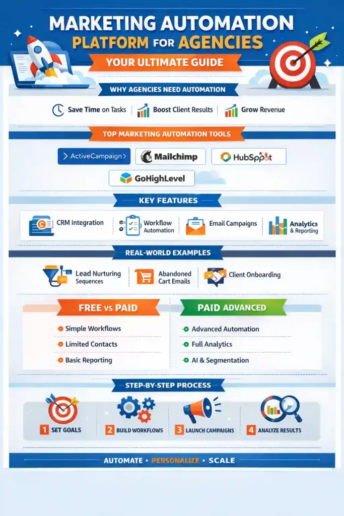 Infographic showing a marketing automation platform for agencies, including top tools like ActiveCampaign, Mailchimp, and HubSpot, key features, real-world examples, and a step-by-step automation workflow.