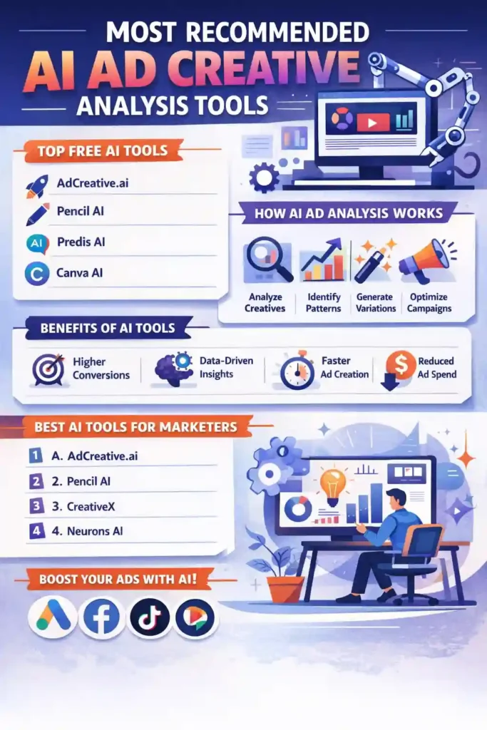 Infographic showing most recommended AI ad creative analysis tools, including AdCreative.ai, Pencil AI, Predis AI, and Canva AI, with sections on how AI analyzes ads, benefits like higher conversions and reduced ad spend, and top AI tools for marketing optimization.
