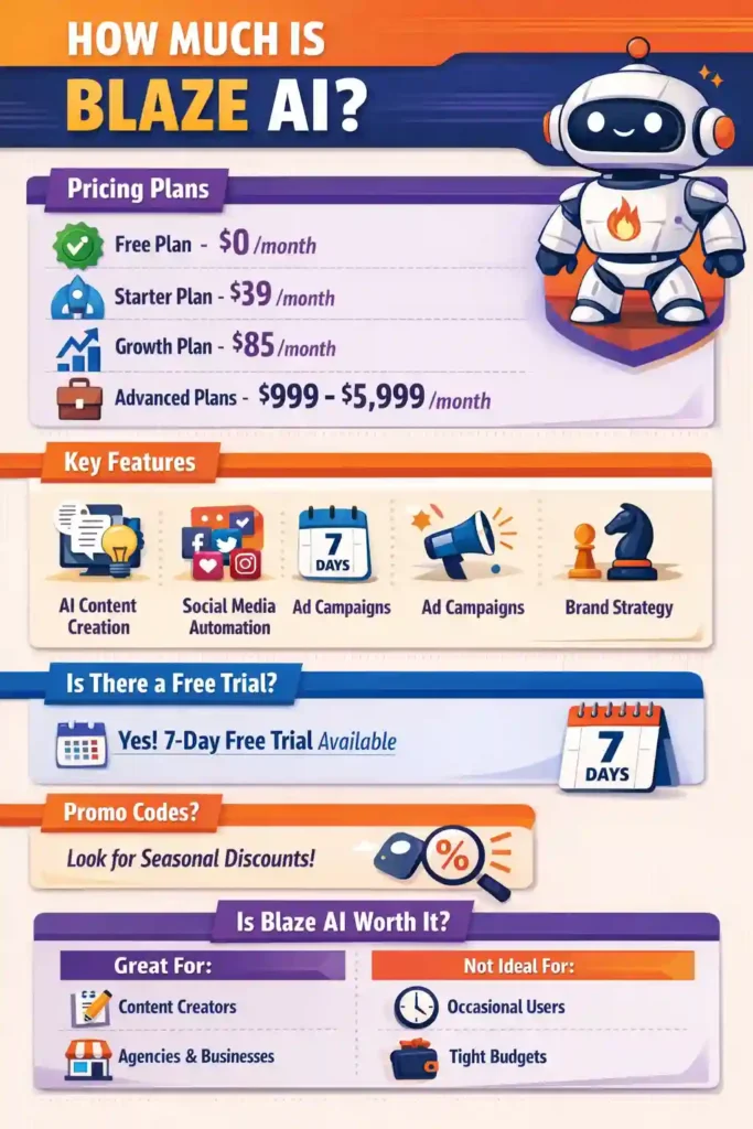How much is Blaze AI infographic showing pricing plans from free to $5,999 per month, key features like AI content creation and social media automation, 7-day free trial, promo discounts, and whether Blaze AI is worth it for content creators and businesses.