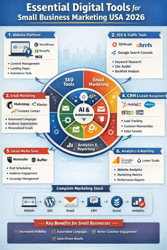Infographic showing essential digital tools for small business marketing USA 2026, including website platforms like WordPress and Shopify, SEO and traffic tools like SEMrush and Ahrefs, email marketing automation with Mailchimp and Klaviyo, CRM and lead management with HubSpot and Salesforce, social media tools like Hootsuite and Buffer, analytics and reporting with Google Analytics, and AI-powered marketing automation tools, highlighting a complete marketing stack and key benefits for small businesses.