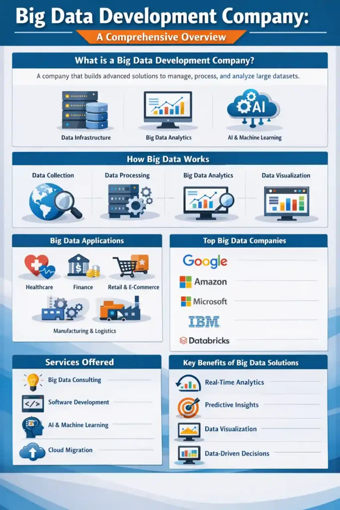 Infographic explaining a big data development company, including big data infrastructure, analytics, AI and machine learning, industry applications, top big data companies, services, and benefits like real-time analytics and data-driven decision making.
