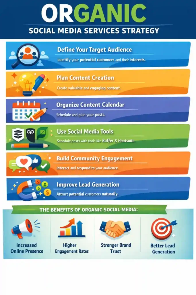 Infographic explaining organic social media services strategy, showing steps like defining your target audience, planning content creation, organizing content calendars, using social media posting tools such as Buffer and Hootsuite, building community engagement, and improving lead generation to increase online presence and engagement rates.
