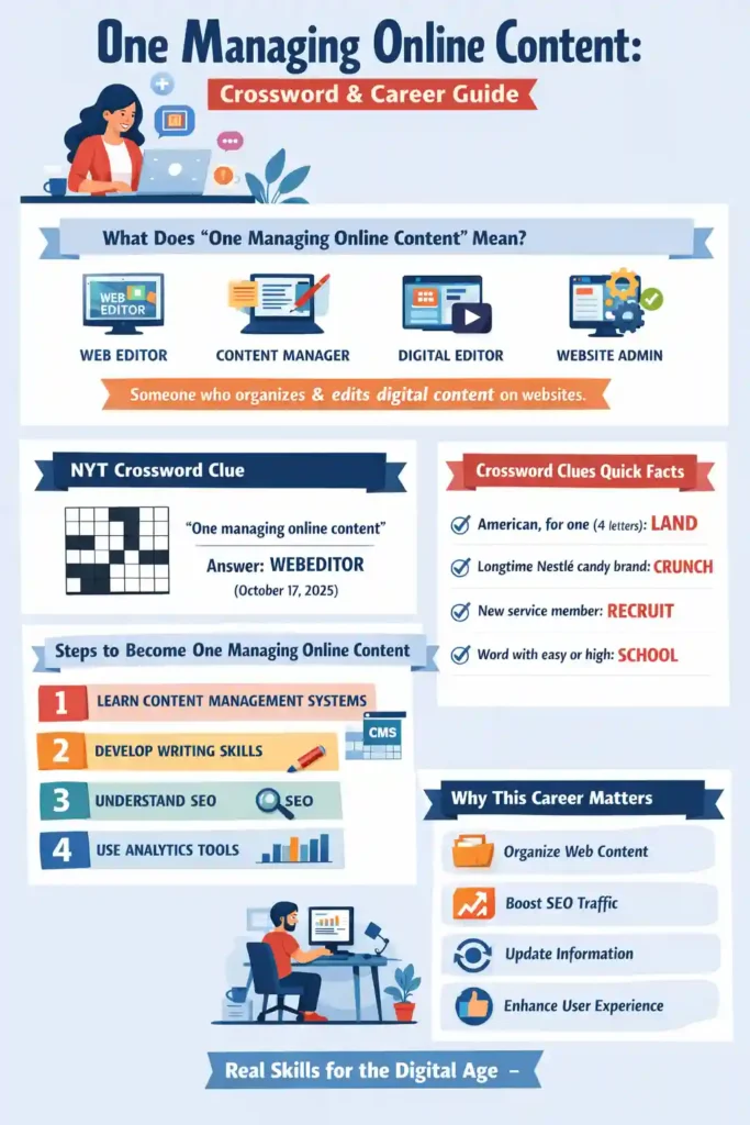 Infographic explaining one managing online content, showing the role of a web editor who organizes digital content on websites, the NYT crossword October 17, 2025 clue “one managing online content” with answer WEBEDITOR, steps to become a content manager, and key skills like SEO, analytics, and content management systems.