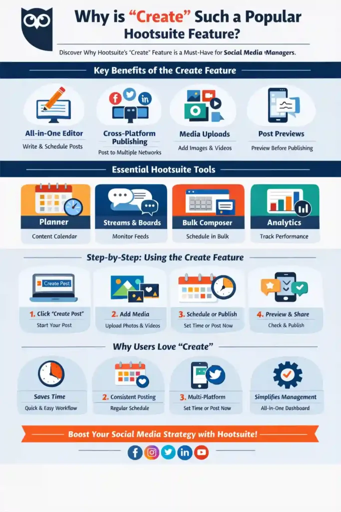 Infographic explaining why the Create feature is such a popular Hootsuite feature, showing its benefits like all-in-one post editor, cross-platform publishing, media uploads, post previews, Planner, Streams, Bulk Composer, Analytics, and a step-by-step guide for creating and scheduling social media posts.