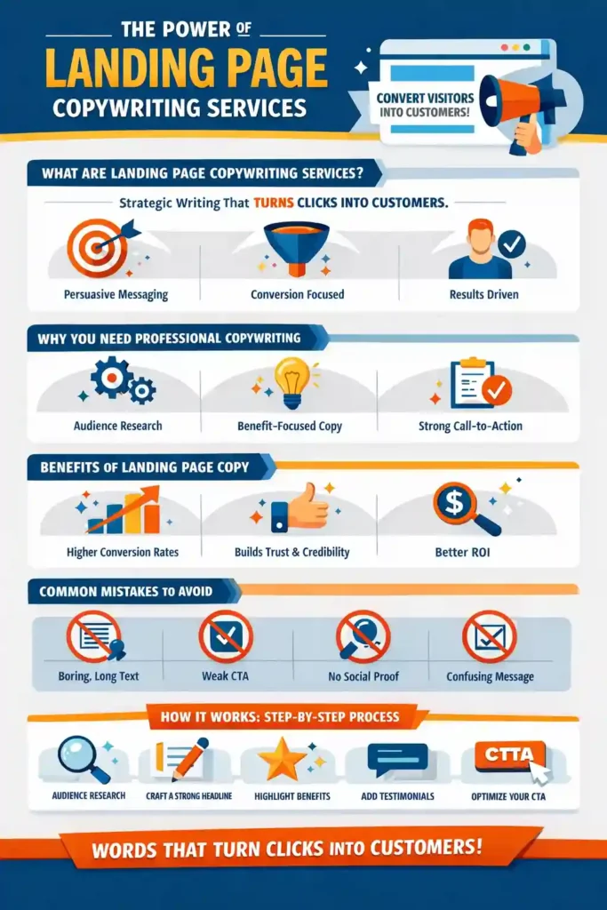 Infographic titled “Landing Page Copywriting Services” showing how persuasive, conversion-focused writing turns website visitors into customers, including key elements like audience research, benefit-driven copy, strong call-to-action, higher conversion rates, trust building, common mistakes, and a step-by-step landing page optimization process.