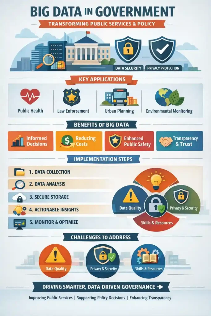 Infographic titled “Big Data in Government: Transforming Public Services & Policy” showing how big data improves public health, law enforcement, urban planning, and environmental monitoring, highlighting benefits like informed decision-making, cost reduction, enhanced public safety, transparency, data security, privacy protection, implementation steps, and key challenges in data-driven governance.
