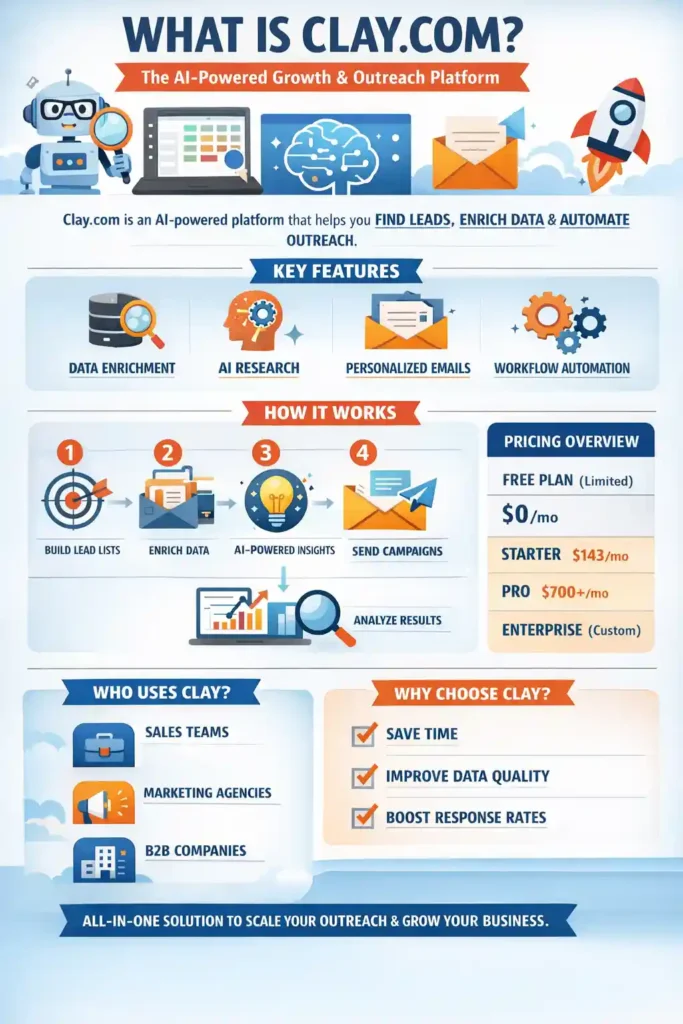 What is Clay.com infographic showing AI-powered lead generation, data enrichment, personalized outreach automation, key features, workflow steps, pricing plans, and benefits for sales and marketing teams.