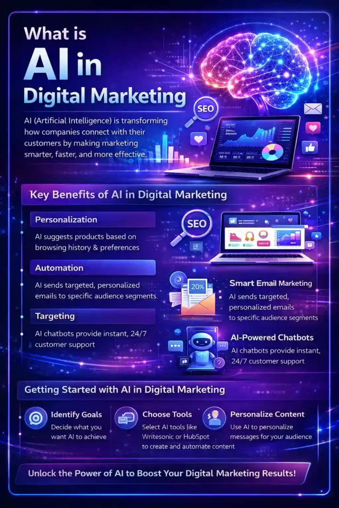 AI Digital Articolo Marketing Mix infographic showing what AI in digital marketing is, key benefits like personalization and automation, real examples, and steps to implement AI marketing strategies.