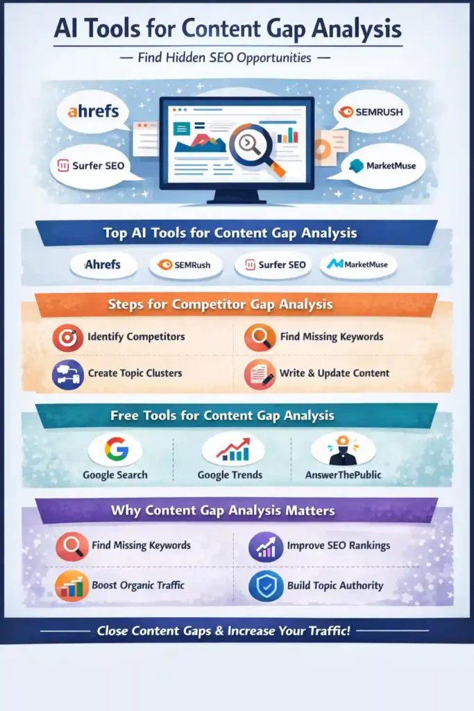 AI Tools for Content Gap Analysis infographic showing top AI SEO tools like Ahrefs, SEMrush, Surfer SEO, and MarketMuse, step-by-step competitor gap analysis process, free tools like Google Search and Google Trends, and benefits such as finding missing keywords, improving SEO rankings, boosting organic traffic, and building topical authority.