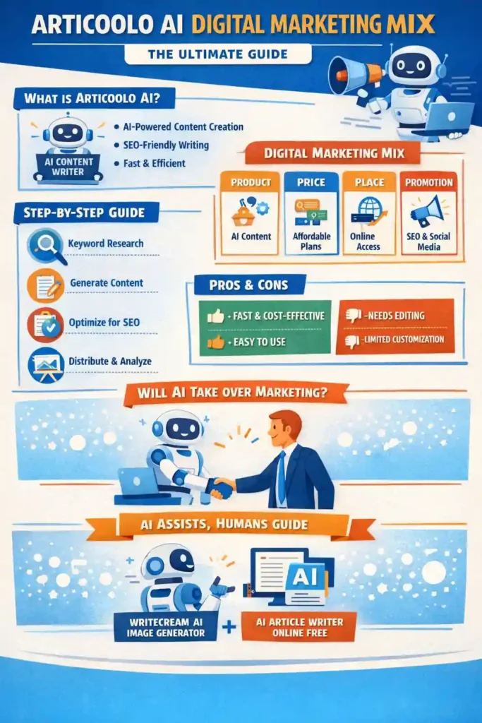 Articoolo AI Digital Marketing Mix infographic showing AI content creation, 4Ps strategy (product, price, place, promotion), step-by-step SEO workflow, pros and cons, and AI tools for content marketing automation and growth