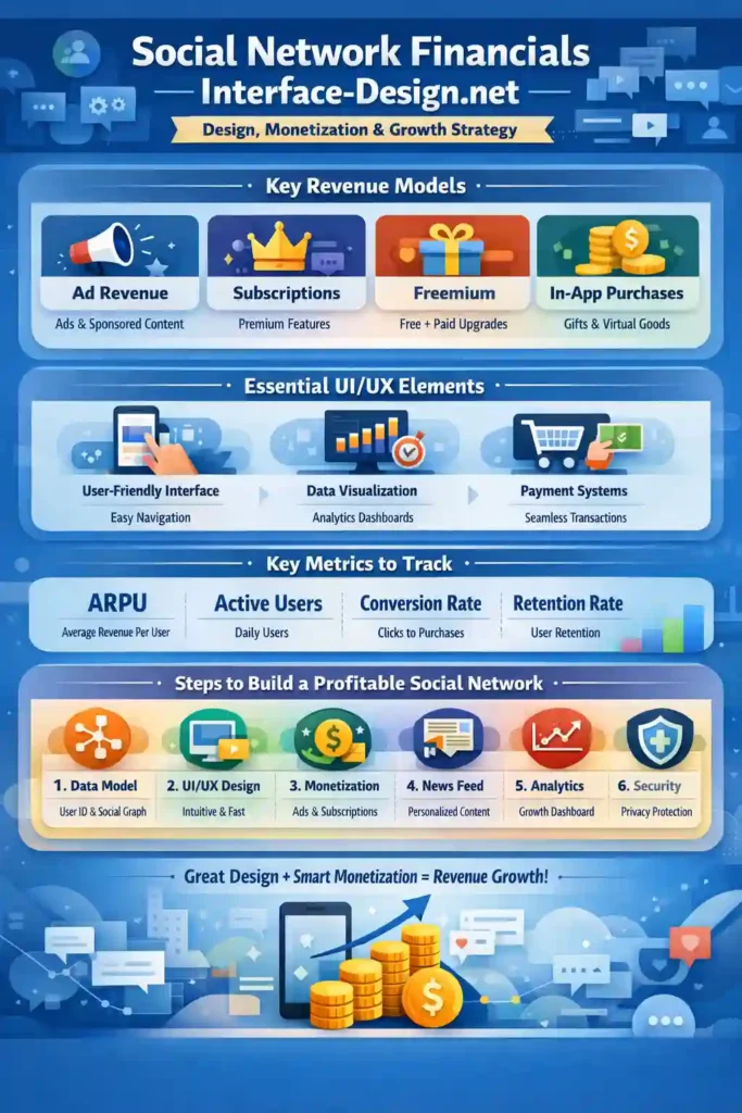 Infographic showing Social Network Financials Interface-Design.net with social network design, system architecture, UI/UX design, financial dashboards, monetization models like ads and subscriptions, user engagement metrics, and data visualization for revenue growth in social media platforms.