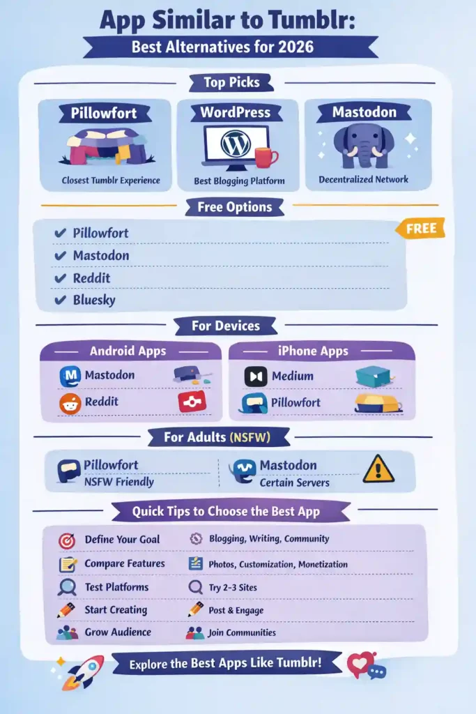 App Similar to Tumblr infographic showing best Tumblr alternatives for 2026 including Pillowfort, WordPress, Mastodon, free apps like Reddit and Bluesky, Android and iPhone options, NSFW-friendly platforms, and tips to choose the right blogging and social media app