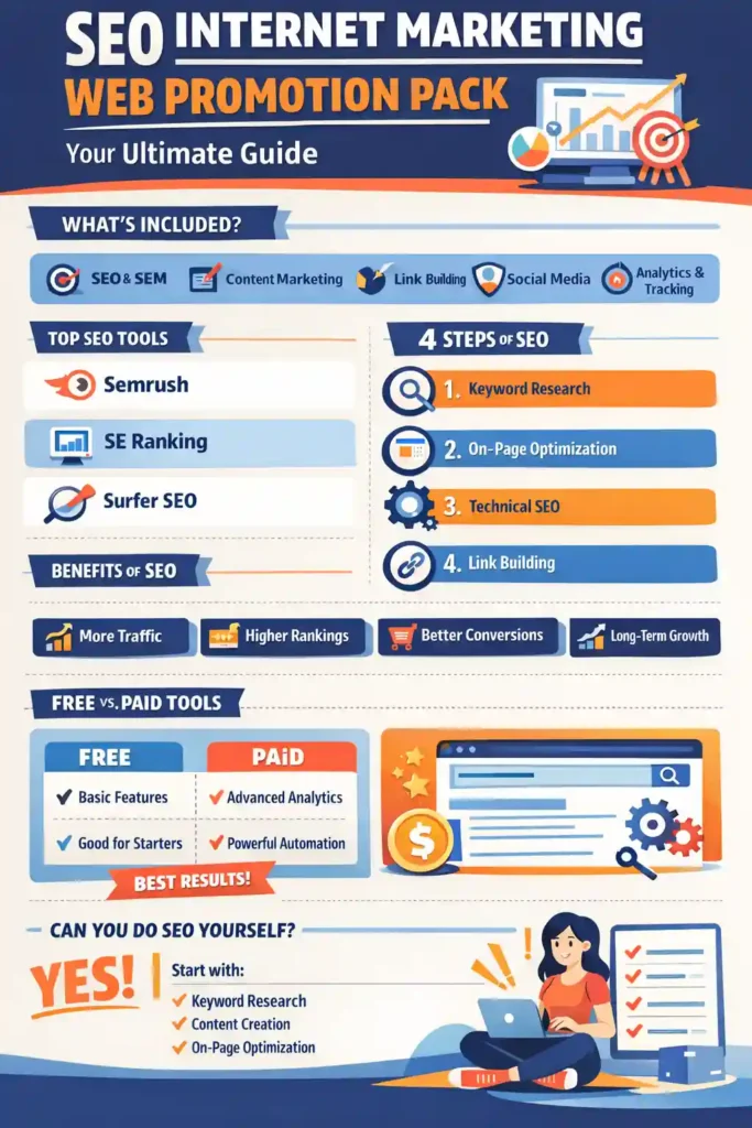 Infographic showing SEO internet marketing web promotion pack with key elements including SEO and SEM, content marketing, link building, social media, analytics, top SEO tools like Semrush, SE Ranking, Surfer SEO, four steps of SEO, benefits like higher rankings and traffic, and comparison of free vs paid SEO tools.