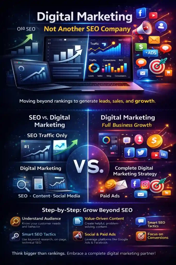 Digital marketing infographic showing the difference between SEO and full digital marketing strategy, highlighting traffic growth, conversions, social media, paid ads, and step-by-step business growth beyond SEO under the theme “Digital Marketing Not Another SEO Company.