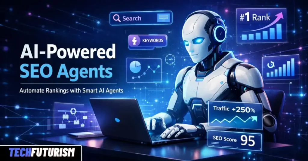Futuristic AI-powered SEO agents robot working on a laptop with holographic dashboard, showing keyword research, search rankings, traffic growth analytics, and automation tools in a modern digital environment