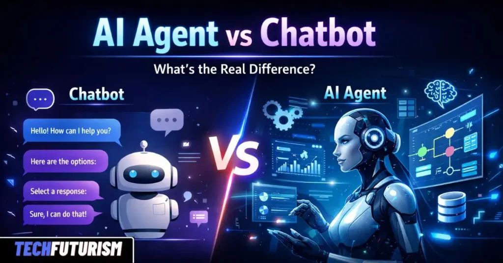 AI Agent vs Chatbot comparison image showing a simple chatbot with scripted responses on the left and an advanced AI agent with automation dashboards and intelligent workflows on the right, highlighted with futuristic neon design